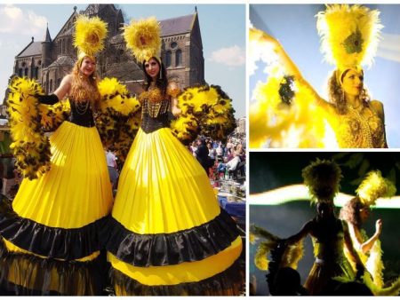 Stralende Copacabana Steltenlopers in geel-zwart brengen Braziliaanse flair naar uw evenement! Dansfeest of welkomstact, laat het feest beginnen!