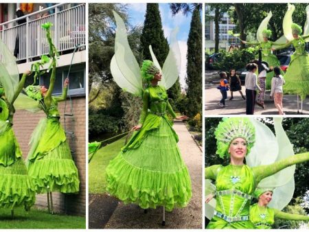 Groene Koninginnen Steltenlopers: Betoverend groen, hoopvol licht en duurzaamheid. Ideaal voor evenementen en festivals! 👑🌿