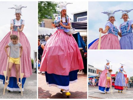 Ervaar nostalgische charme met Hollandse Meisjes Steltenlopers: oude spellen, kleurrijk vermaak & interactie. Boek voor een unieke reis naar het verleden!